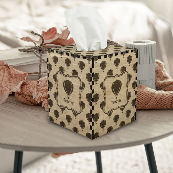 Watercolor Hot Air Balloons Square Tissue Box Covers - Wood - In Context