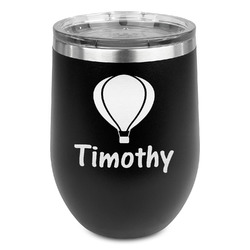 Watercolor Hot Air Balloons Stemless Stainless Steel Wine Tumbler - Black - Double Sided (Personalized)