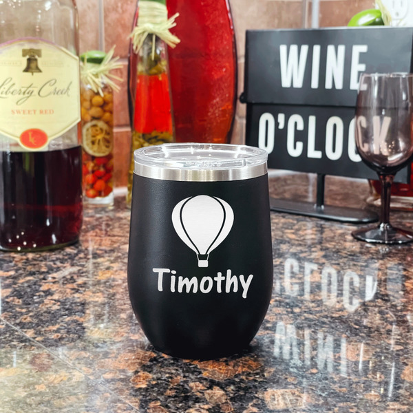 Watercolor Hot Air Balloons Stainless Wine Tumblers - Black - Double Sided - In Context