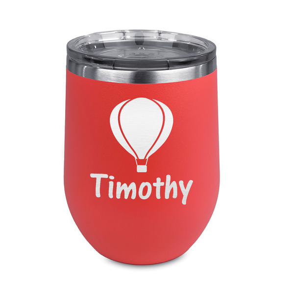 Custom Watercolor Hot Air Balloons Stemless Stainless Steel Wine Tumbler - Coral - Double Sided (Personalized)