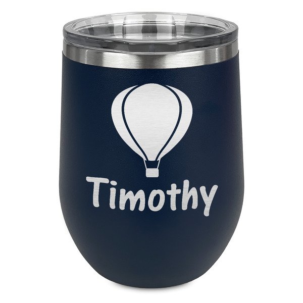 Custom Watercolor Hot Air Balloons Stemless Stainless Steel Wine Tumbler - Navy - Single Sided (Personalized)