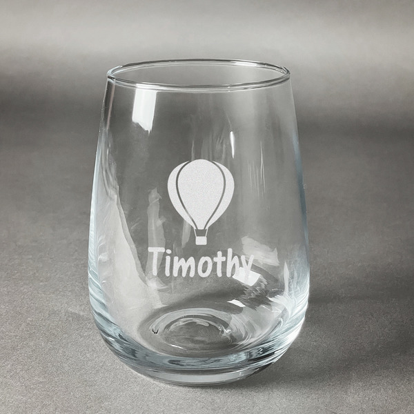Custom Watercolor Hot Air Balloons Stemless Wine Glass - Engraved (Personalized)