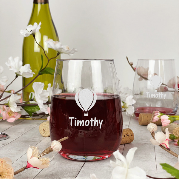 Watercolor Hot Air Balloons Stemless Wine Glass - In Context