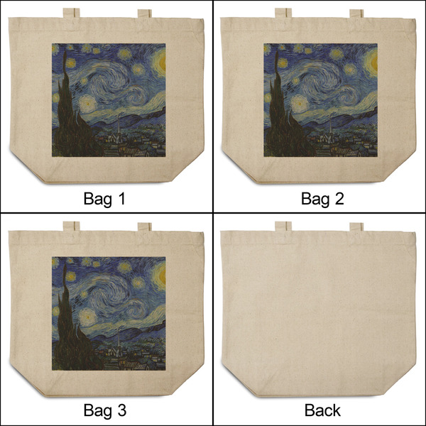 The Starry Night (Van Gogh 1889) 3 Reusable Cotton Grocery Bags - Front & Back View
