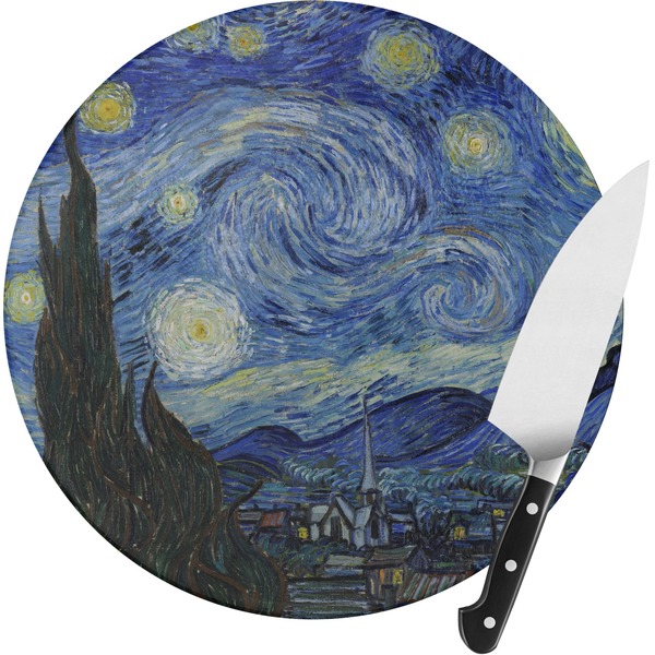 Custom The Starry Night (Van Gogh 1889) Round Glass Cutting Board - Small