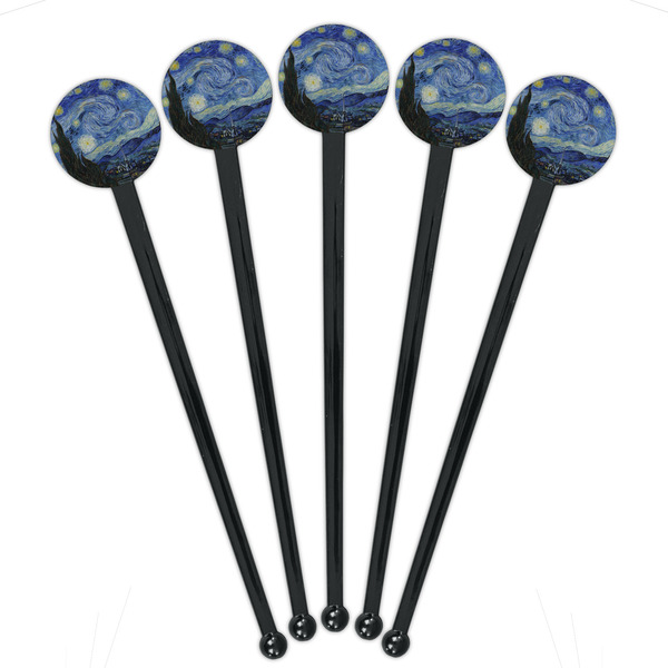 The Starry Night (Van Gogh 1889) Black Plastic 7" Stir Stick - Round - Fan View