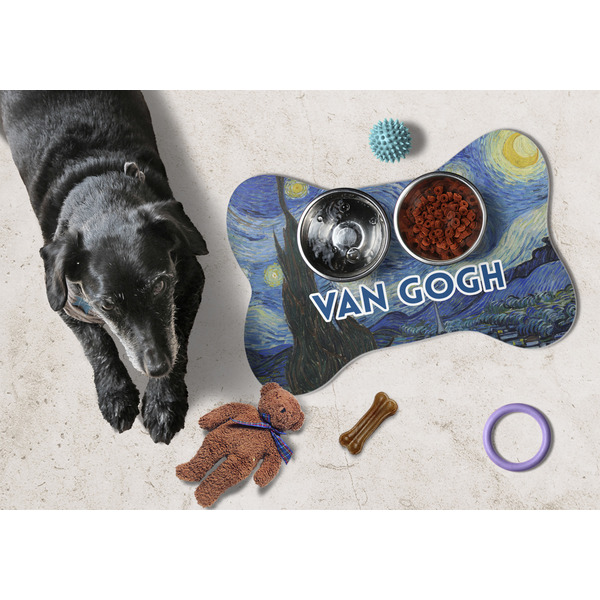 The Starry Night (Van Gogh 1889) Bone Shaped Mat w/ Food & Water