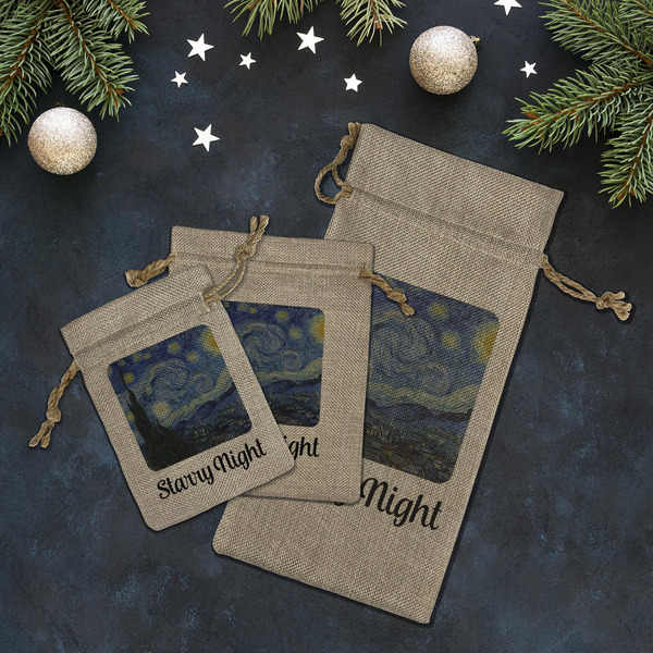 The Starry Night (Van Gogh 1889) Burlap Gift Bags - LIFESTYLE (Flat lay)