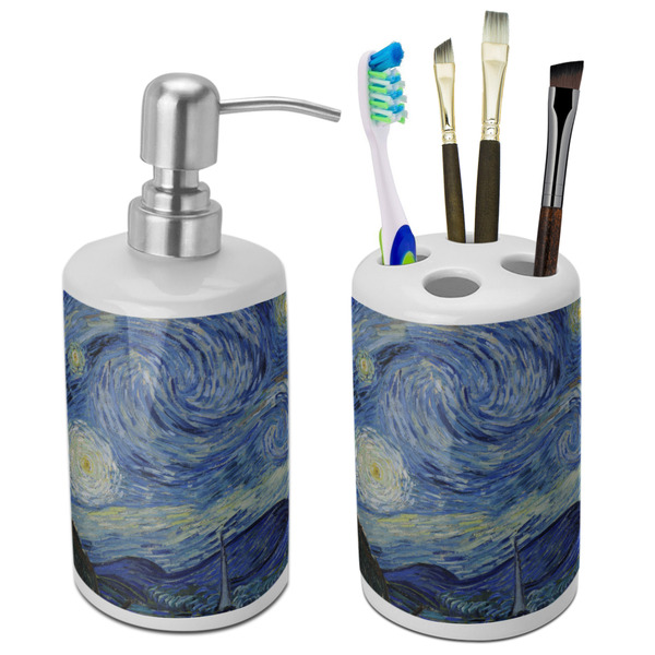 Custom The Starry Night (Van Gogh 1889) Ceramic Bathroom Accessories Set