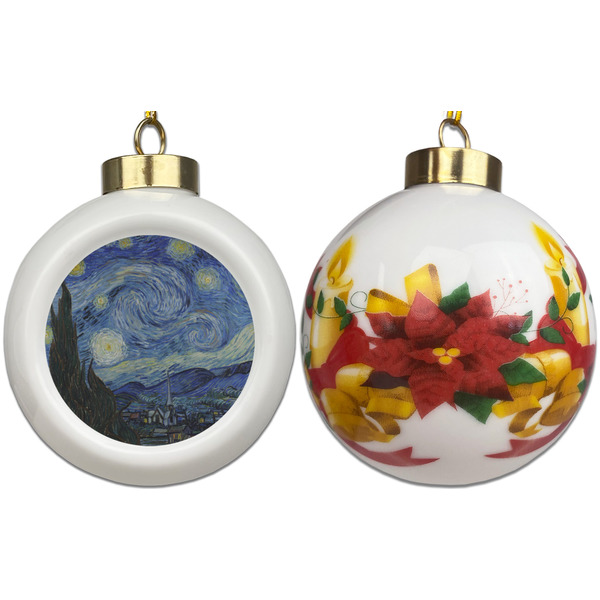 The Starry Night (Van Gogh 1889) Ceramic Christmas Ornament - Poinsettias (APPROVAL)