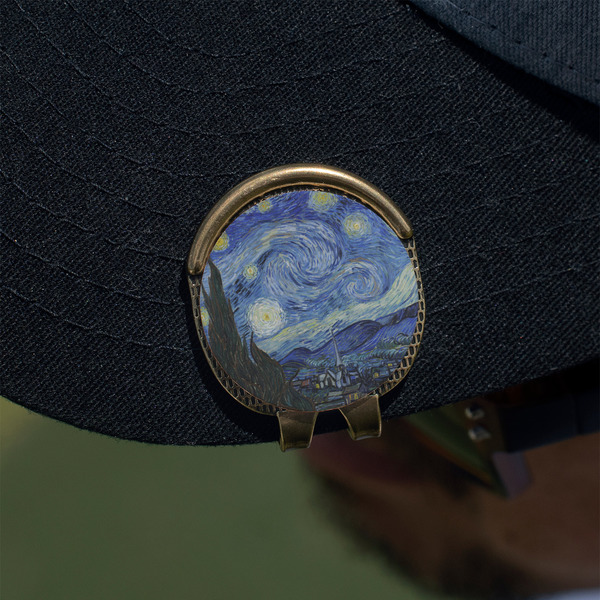 The Starry Night (Van Gogh 1889) Golf Ball Marker Hat Clip - Gold - On Hat