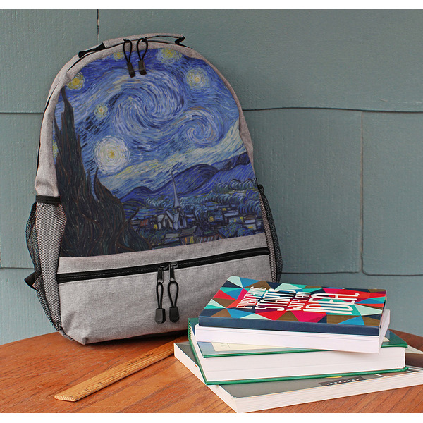 The Starry Night (Van Gogh 1889) Large Backpack - Gray - On Desk