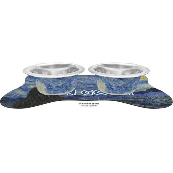 The Starry Night (Van Gogh 1889) Metal Pet Bowls - On Dog Bone Shaped Mat