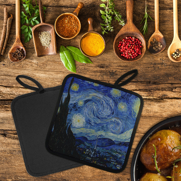 The Starry Night (Van Gogh 1889) Neoprene Pot Holder - Set of 2  LIFESTYLE (Flatlay)