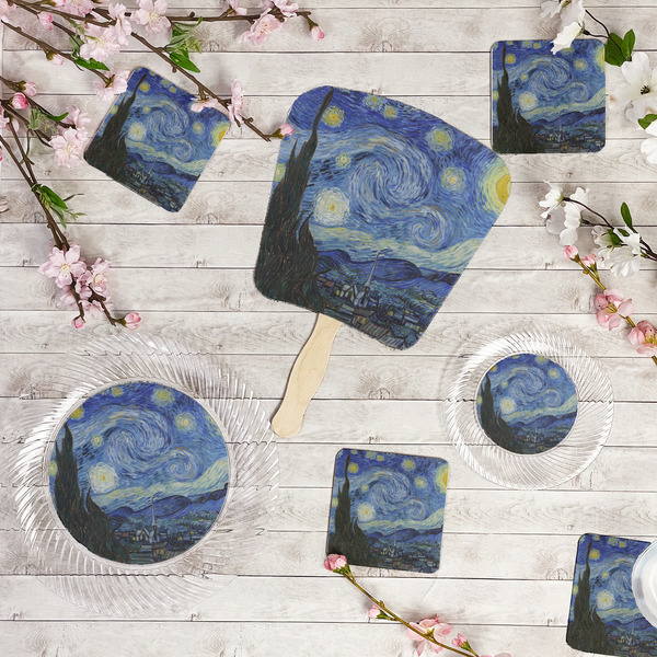 The Starry Night (Van Gogh 1889) Party Supplies Combination Image - All items - Plates, Coasters, Fans