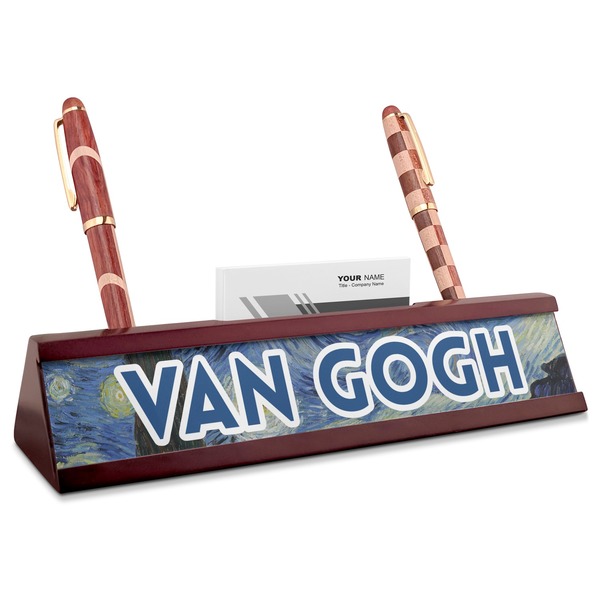 Custom The Starry Night (Van Gogh 1889) Red Mahogany Nameplate with Business Card Holder