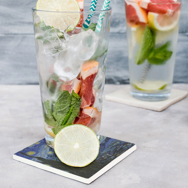 The Starry Night (Van Gogh 1889) Set of 4 Stone Coasters - In Context View