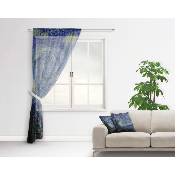 The Starry Night (Van Gogh 1889) Sheer Curtain With Window and Rod - in Room Matching Pillow