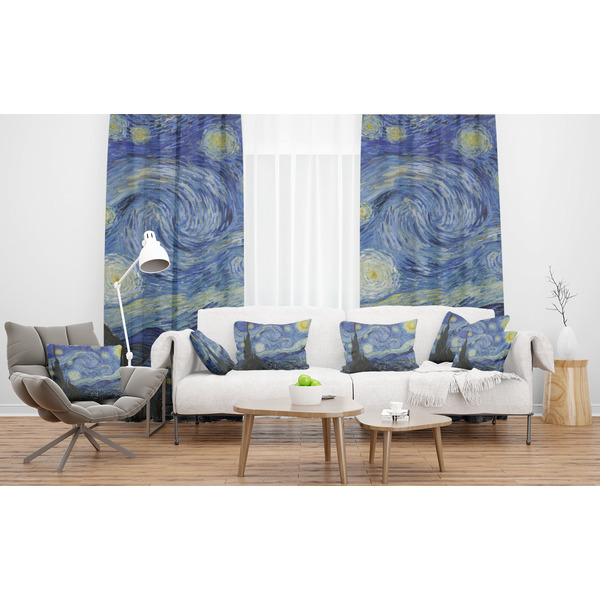 The Starry Night (Van Gogh 1889) Sheer and Custom Curtains in Room with Matching Pillows