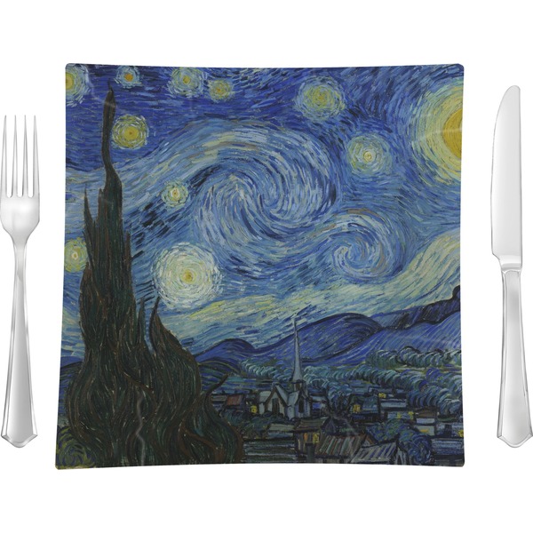 Custom The Starry Night (Van Gogh 1889) 9.5" Glass Square Lunch / Dinner Plate- Single or Set of 4