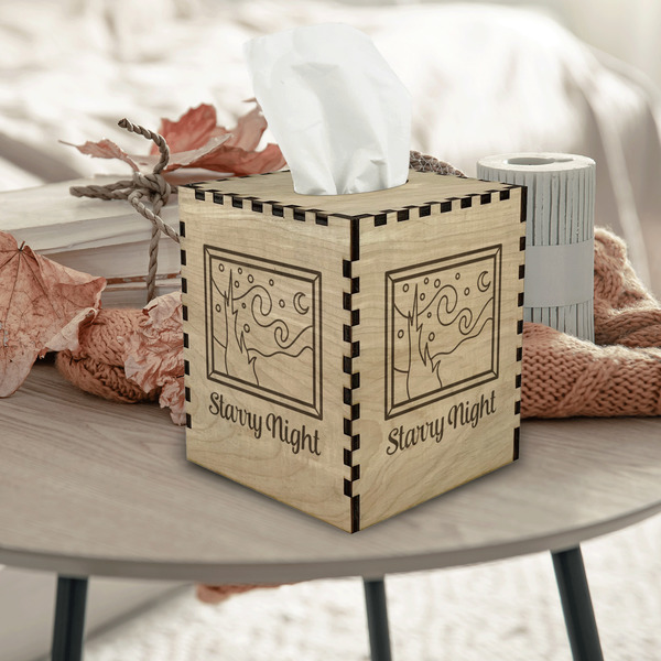 The Starry Night (Van Gogh 1889) Square Tissue Box Covers - Wood - In Context