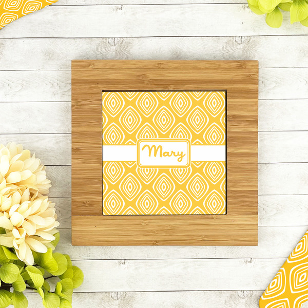 Tribal Diamond Bamboo Trivet with 6" Tile - LIFESTYLE