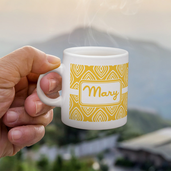 Tribal Diamond Espresso Cup - 3oz LIFESTYLE (new hand)