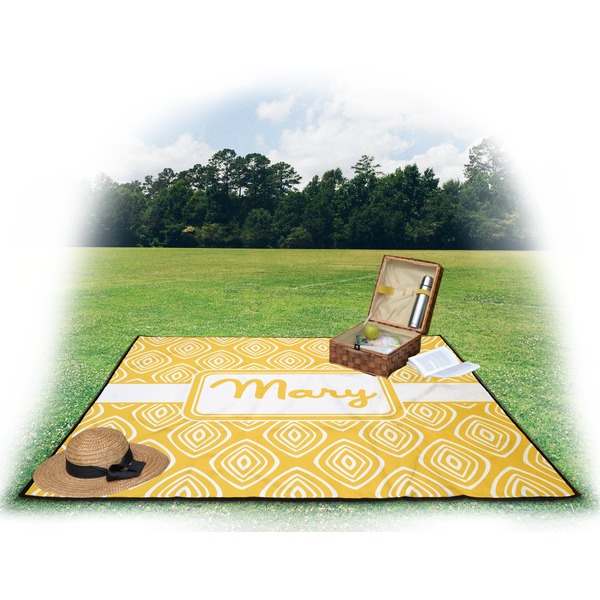 Tribal Diamond Picnic Blanket - with Basket Hat and Book - in Use