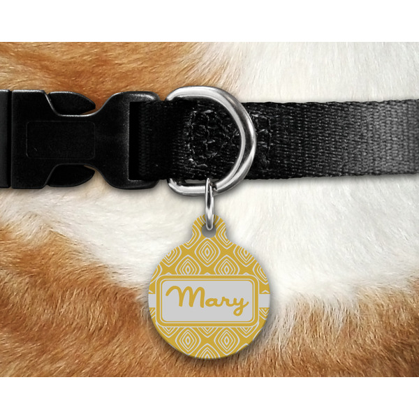 Tribal Diamond Round Pet Tag on Collar & Dog