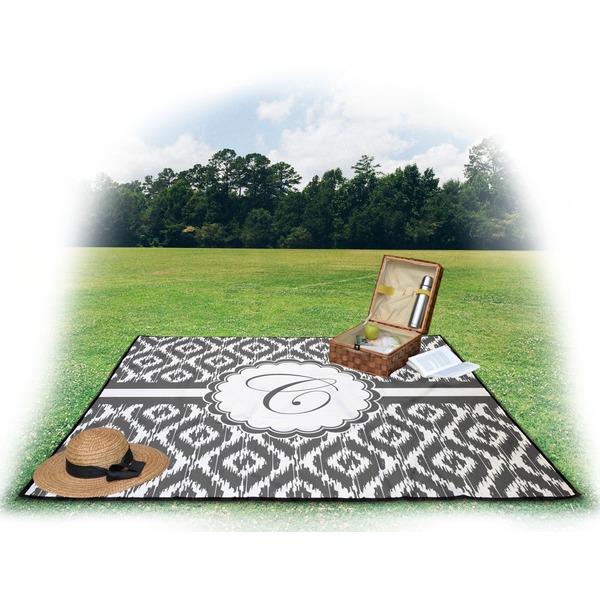 Ikat Picnic Blanket - with Basket Hat and Book - in Use