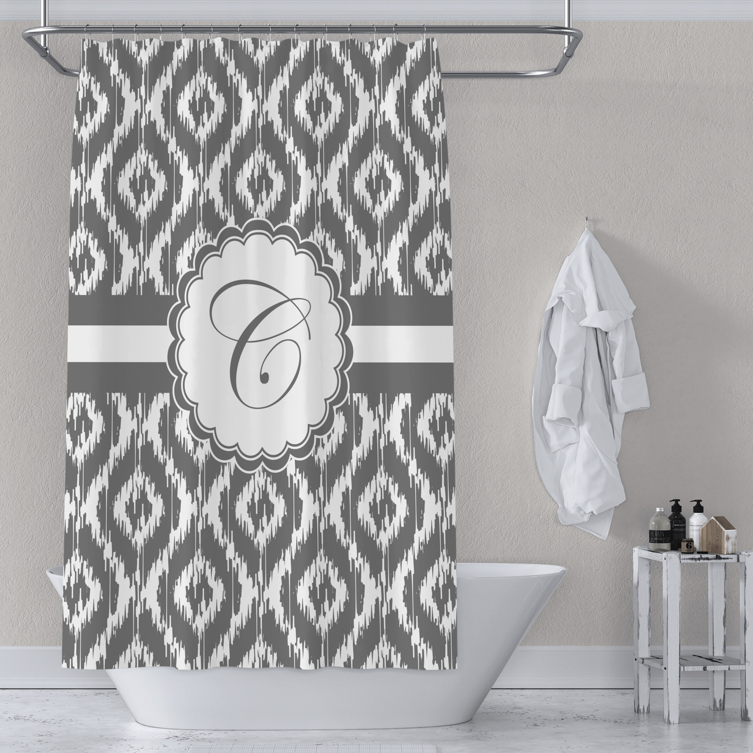 Ikat Shower Curtain Personalized, Gray Ikat Shower Curtain