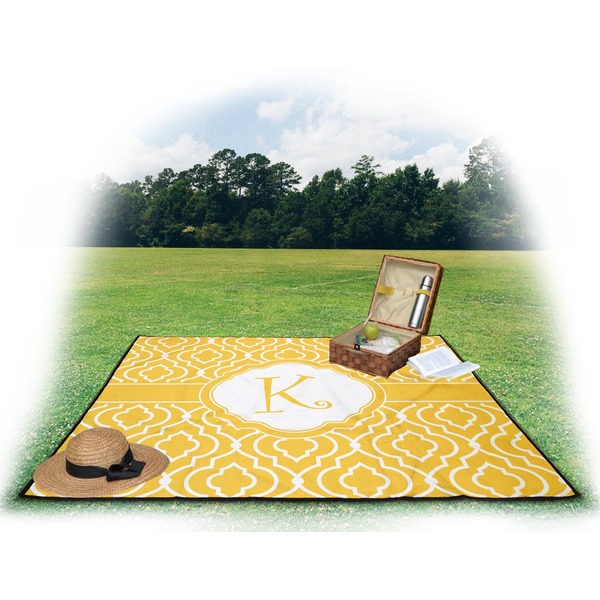 Trellis Picnic Blanket - with Basket Hat and Book - in Use