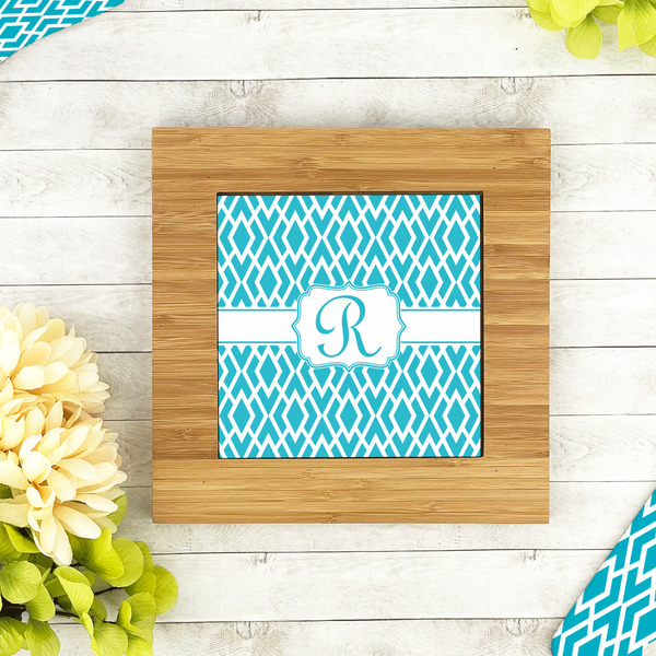 Geometric Diamond Bamboo Trivet with 6" Tile - LIFESTYLE