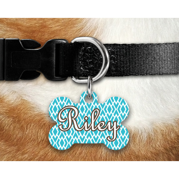 Geometric Diamond Bone Shaped Dog Tag on Collar & Dog