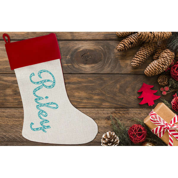 Geometric Diamond Linen Stocking w/Red Cuff - Flat Lay (LIFESTYLE)