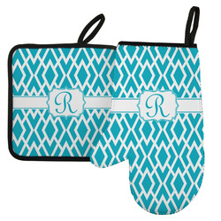 Geometric Diamond Left Oven Mitt & Pot Holder Set w/ Initial