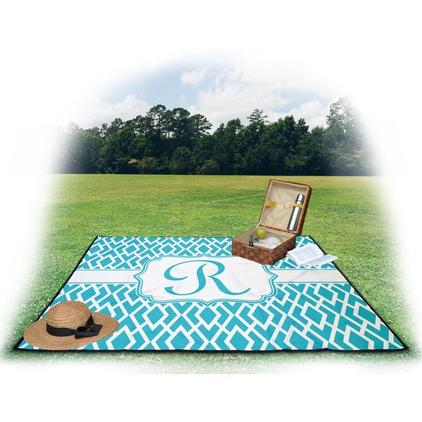 Geometric Diamond Picnic Blanket - with Basket Hat and Book - in Use
