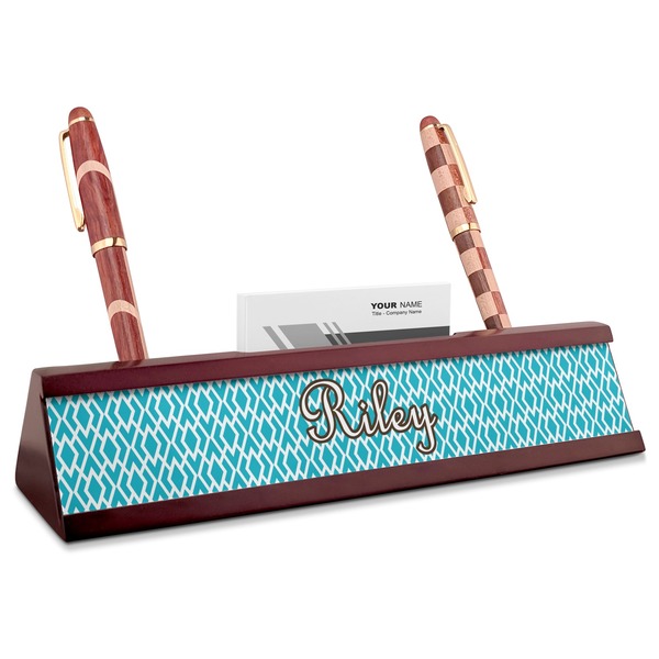 Custom Geometric Diamond Red Mahogany Nameplate with Business Card Holder (Personalized)