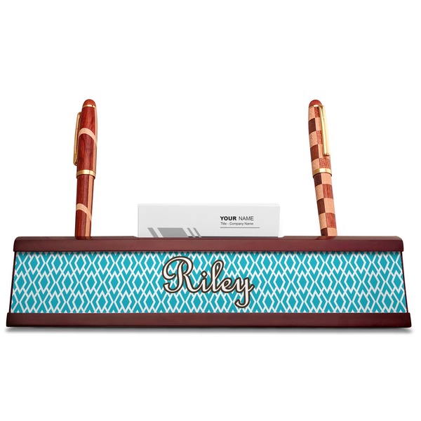 Geometric Diamond Red Mahogany Nameplates with Business Card Holder - Straight