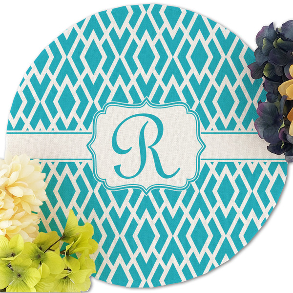 Geometric Diamond Round Linen Placemats - Front (w flowers)