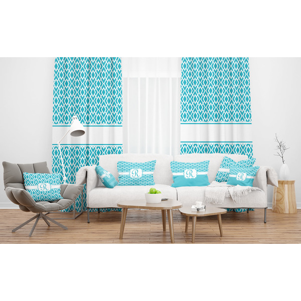 Geometric Diamond Sheer and Custom Curtains in Room with Matching Pillows