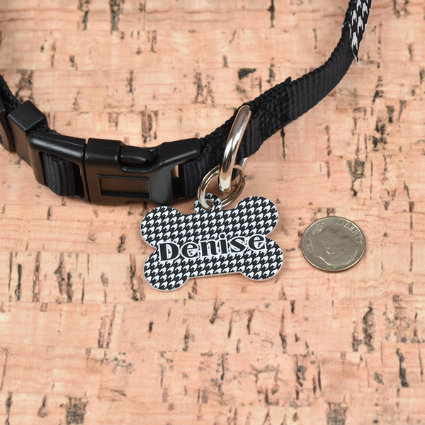 Houndstooth Bone Shaped Dog ID Tag - Small - In Context