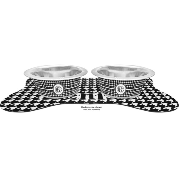 Houndstooth Metal Pet Bowls - On Dog Bone Shaped Mat