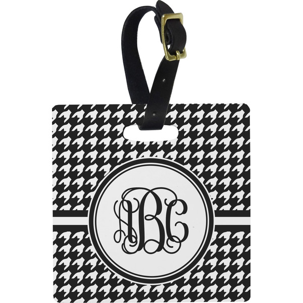 Custom Houndstooth Plastic Luggage Tag - Square w/ Monogram