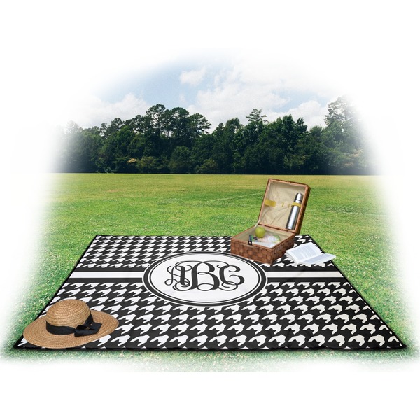Houndstooth Picnic Blanket - with Basket Hat and Book - in Use