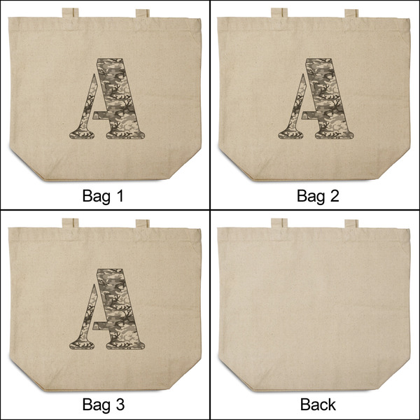 Camo 3 Reusable Cotton Grocery Bags - Front & Back View