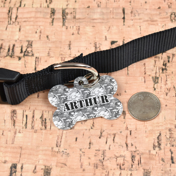 Camo Bone Shaped Dog ID Tag - Large - In Context