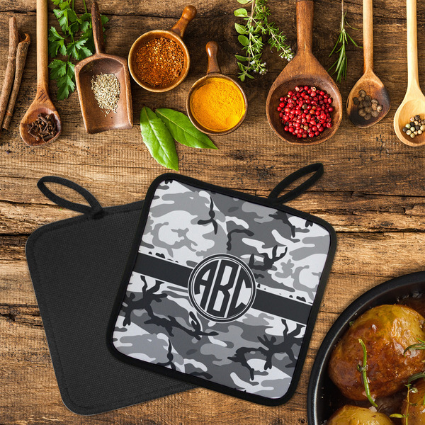 Camo Neoprene Pot Holder - Set of 2  LIFESTYLE (Flatlay)