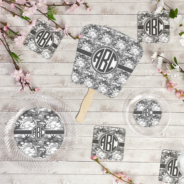 Camo Party Supplies Combination Image - All items - Plates, Coasters, Fans