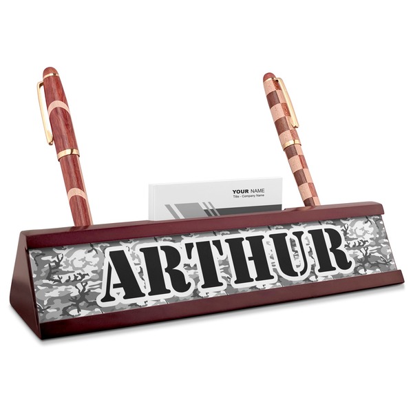 Custom Camo Red Mahogany Nameplate with Business Card Holder (Personalized)